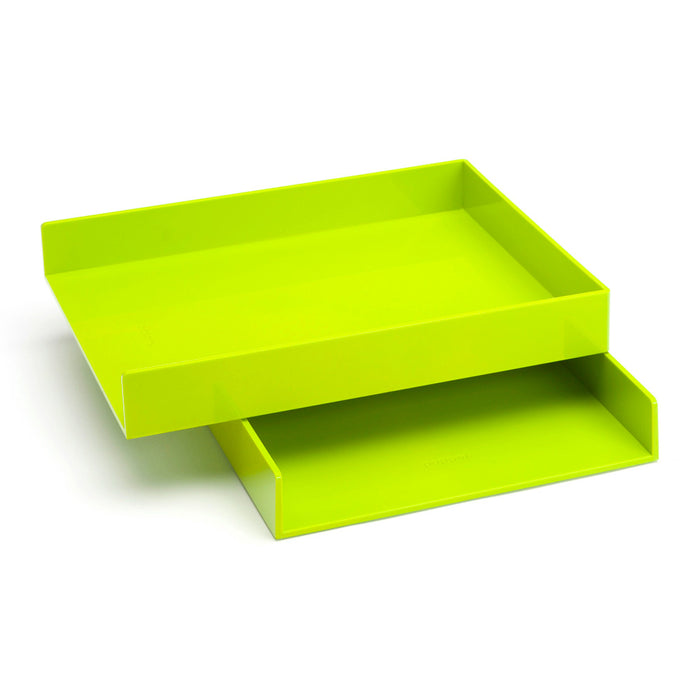 Bright green stackable desk trays on a white background. (Lime Green)
