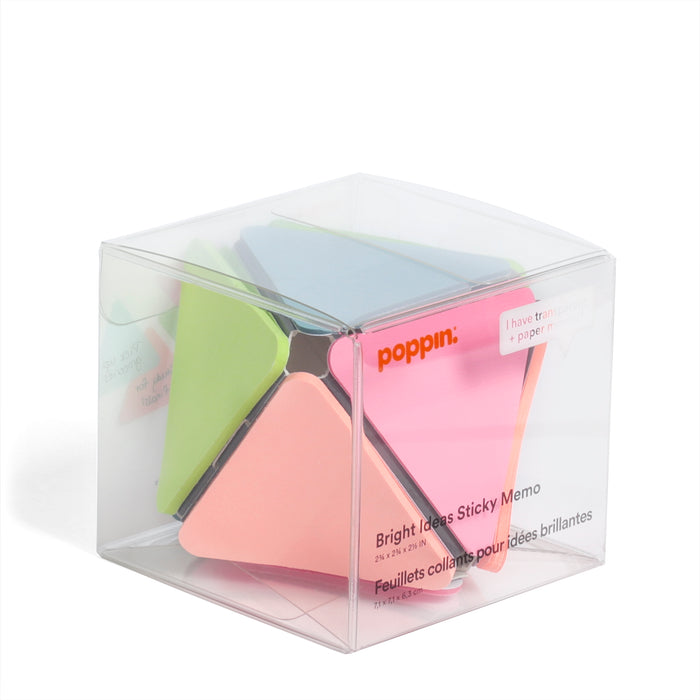 Pack of colorful Poppin sticky notes in a clear box against a white background 
