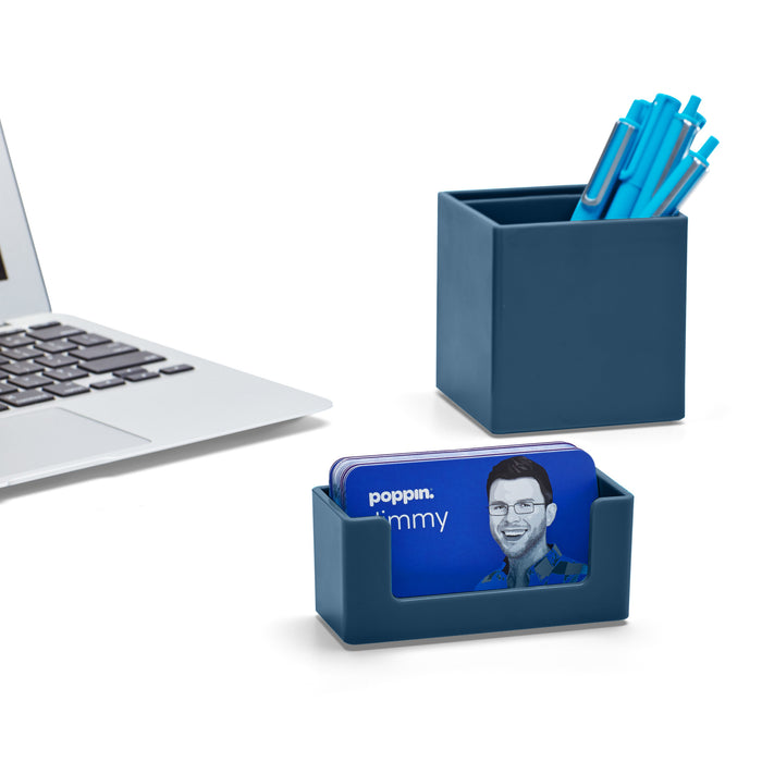 Laptop on desk with blue pens in holder and personalized business card case. (Slate Blue)