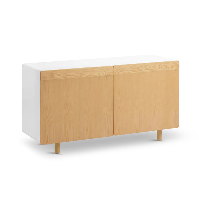 Modern wooden cabinet with white accents on a clean white background. (Natural Ash)