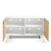 White modern TV stand with open wooden cabinets isolated on a white background. (Natural Ash)
