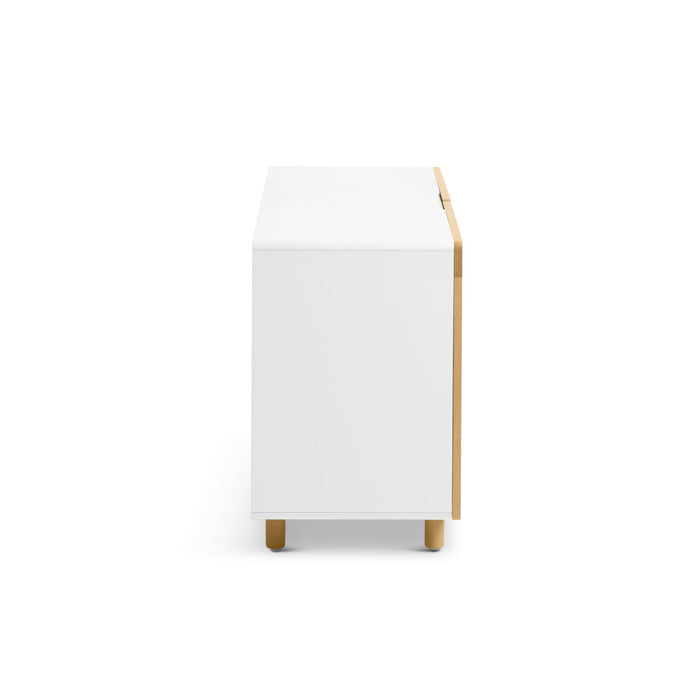 Modern white bedside table with wooden accents on a white background. (Natural Ash)