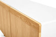 Wooden bed frame corner detail with white mattress on a light background. (Natural Ash)