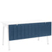 Modern white and blue fabric upholstered storage bench with white legs on a white background. (Dark Blue-47&quot;)