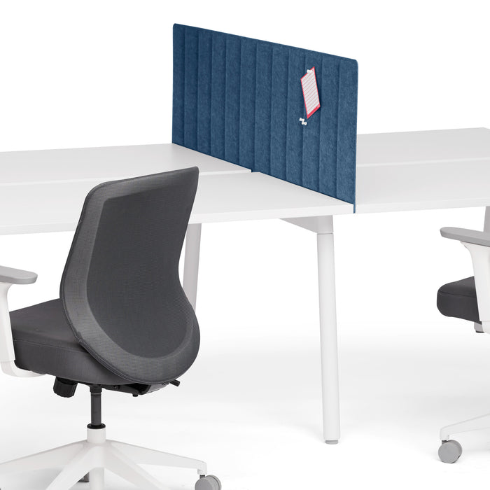 Modern office desk with ergonomic gray chair and blue privacy panel. (Dark Blue-57&quot;)