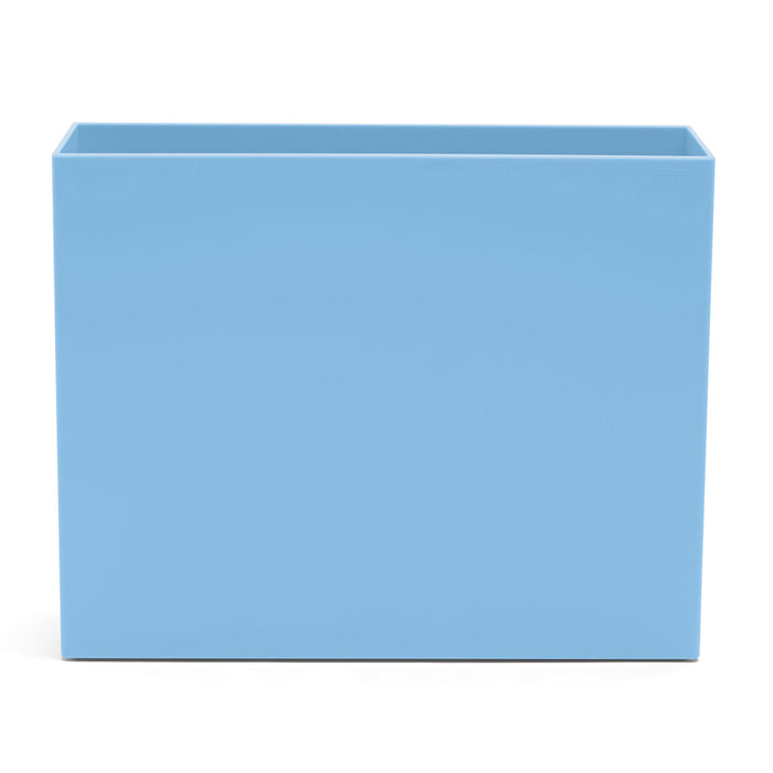 Blue rectangular open-top storage box on a white background. (Sky)