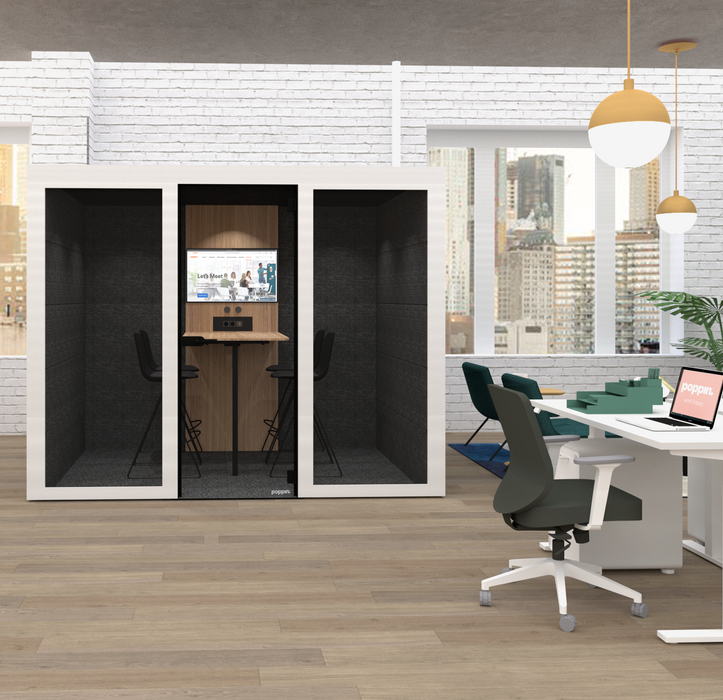 Modern office interior with private meeting pod, desks, and city view. (White)