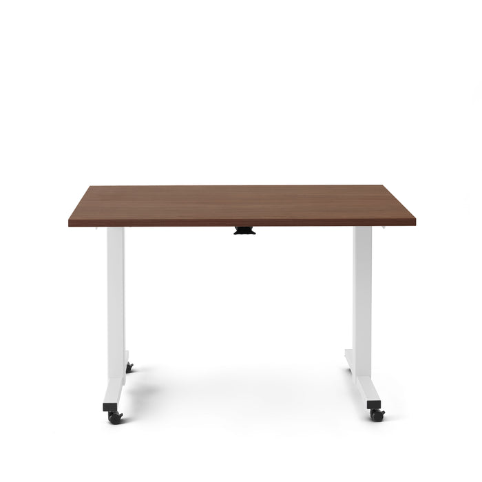 Modern adjustable-height desk with dark brown top and white metal legs on wheels against a white background. (Walnut-47&quot;)