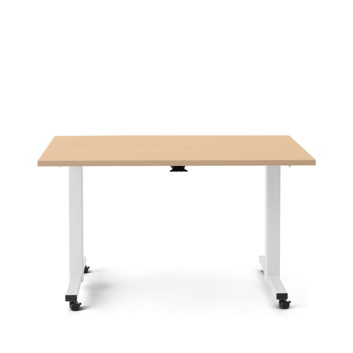 Modern height-adjustable desk with wooden tabletop and white legs on a white background. (Natural Oak-57&quot;)