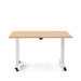 Modern height-adjustable desk with wooden tabletop and white legs on a white background. (Natural Oak-57&quot;)
