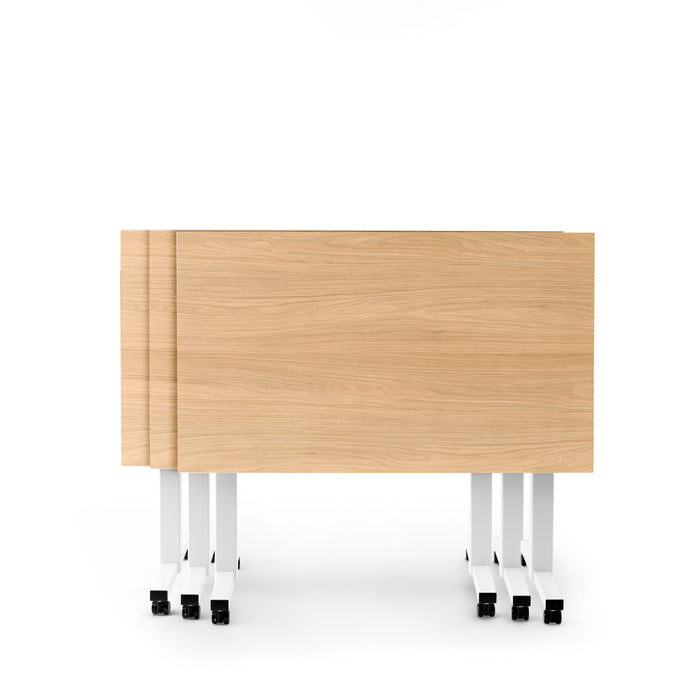 Modern wooden office desk with white metal legs on a white background. (Natural Oak-57&quot;)