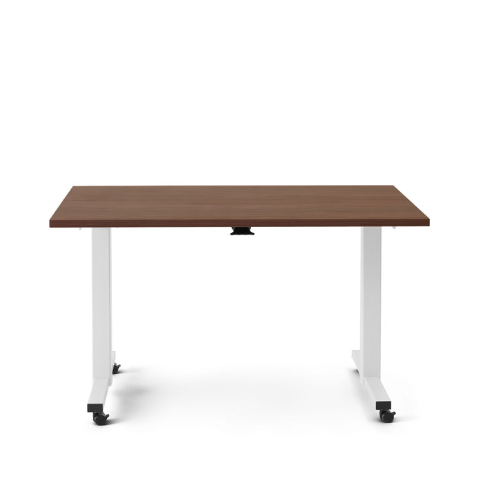 Modern adjustable-height desk with a walnut finish and white frame on wheels (Walnut-57&quot;)
