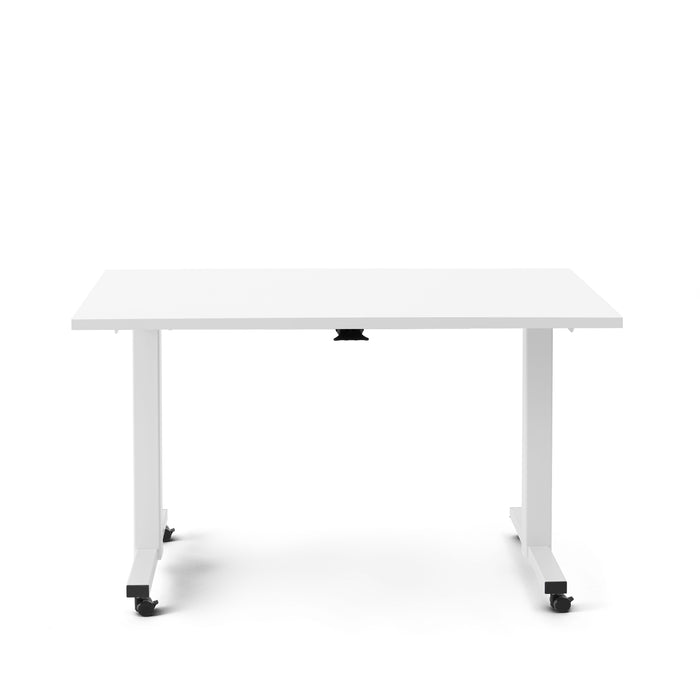 White height-adjustable desk with wheels on white background. (White-57&quot;)