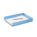 Blue desk tray with white papers and a silver pen on white background. (Sky)
