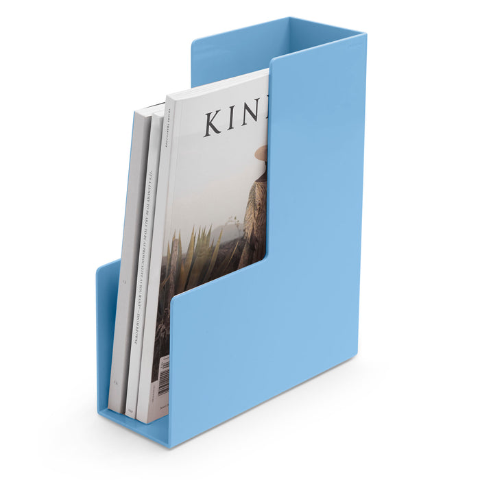 Blue magazine holder with journals on white background (Sky)