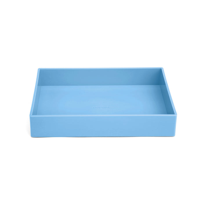 Light blue rectangular desk organizer tray isolated on white background. (Sky)