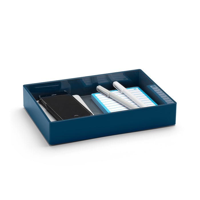 Blue desk organizer with smartphone, pens, and notebooks on white background (Slate Blue)