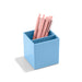 Light blue desk organizer with rose gold pens on a white background. (Sky)