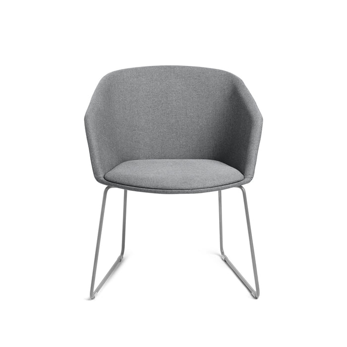 Modern gray fabric chair with sleek metal legs on a white background. (Gray)