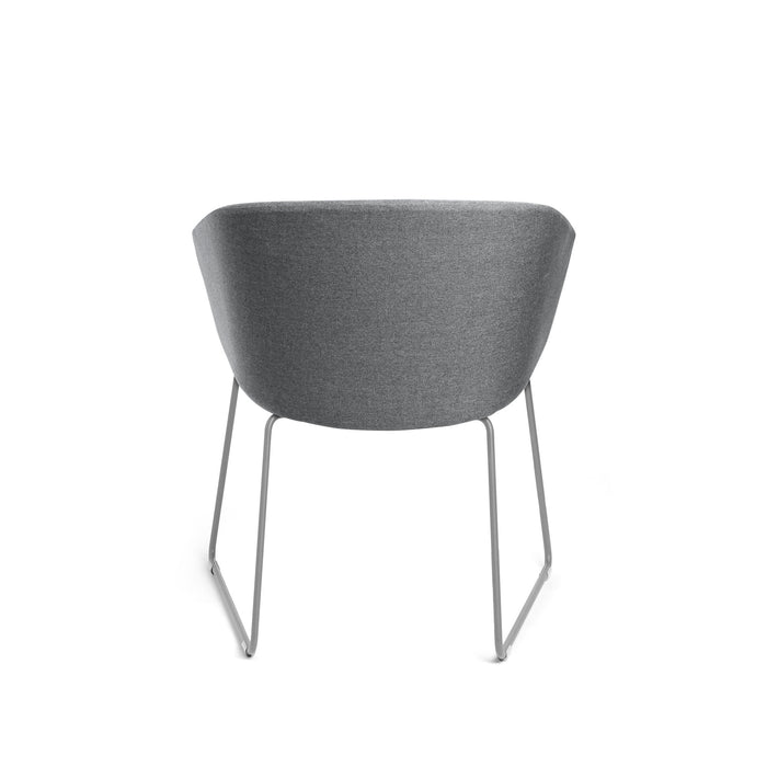 Modern grey fabric chair with metal legs on a white background. (Gray)
