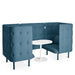 Blue booth seating with high back and white round table on white background. (Dark Blue-Dark Blue)(Dark Blue-Dark Blue)