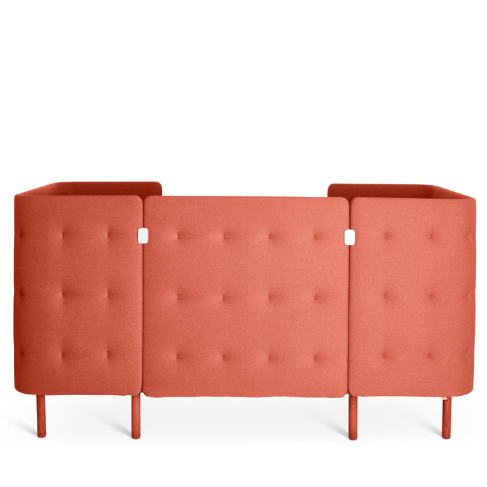 Red mid-century modern loveseat with tufted backrest and angled wooden legs (Brick-Brick)
