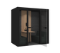 Modern office phone booth for two with wooden desk, black exterior, and glass doors. (Black)