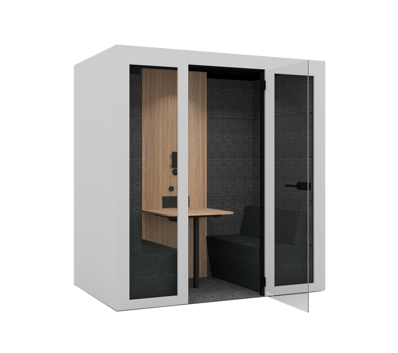 Modern office phone booth for 2 with glass doors, wooden accents, and gray interior in White by PoppinPods
