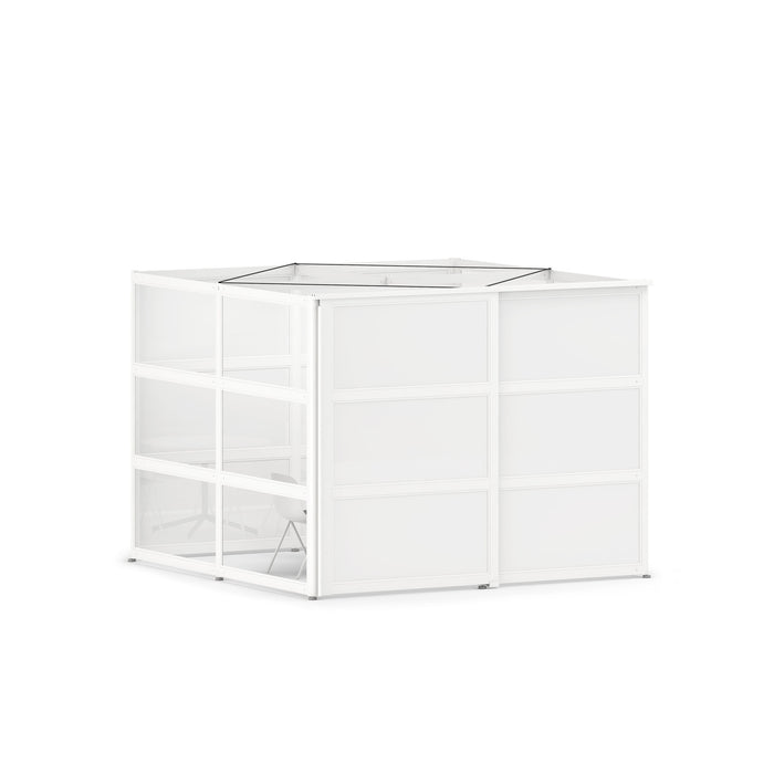 White modular shelving unit with open and closed compartments isolated on white background. (White-Private)
