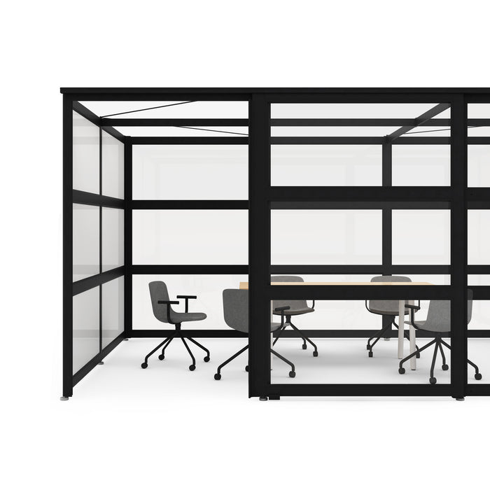 Modern office cubicle with black frames, desks, and chairs on a white background (Black-Open)