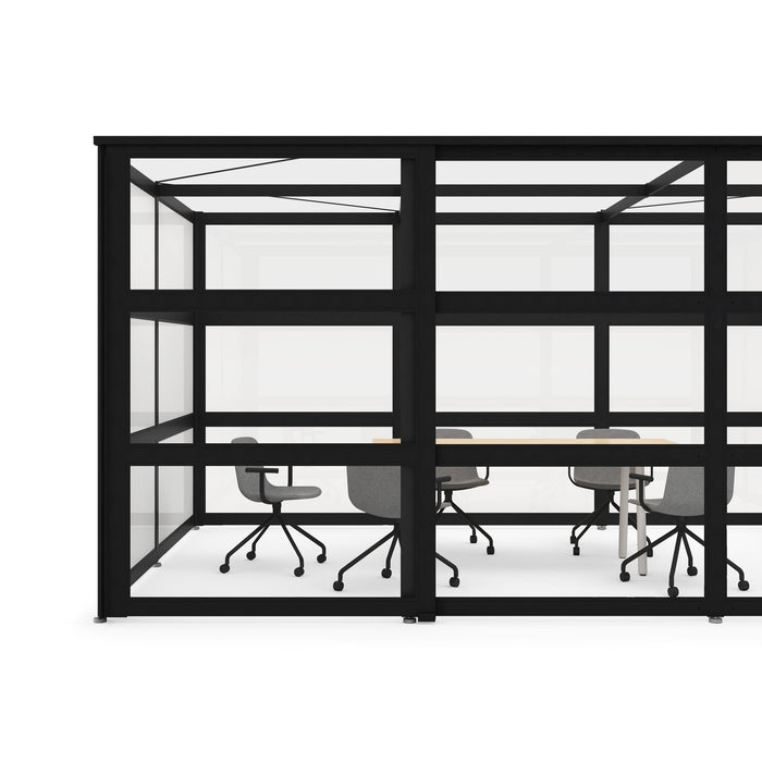 Modern office cubicle with black frames, glass walls, and two desks with chairs (Black-Open)