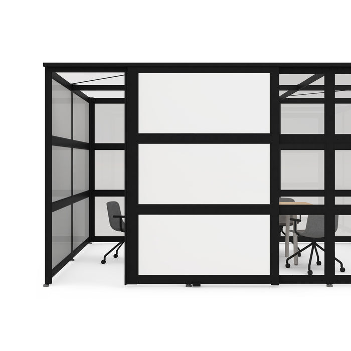 Modern office cubicles with black frames and empty white boards against a white background. (Black-Private)