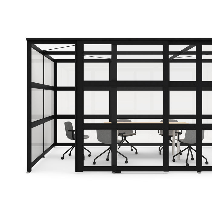 Modern office cubicle with black frames and glass partitions on white background (Black-Open)