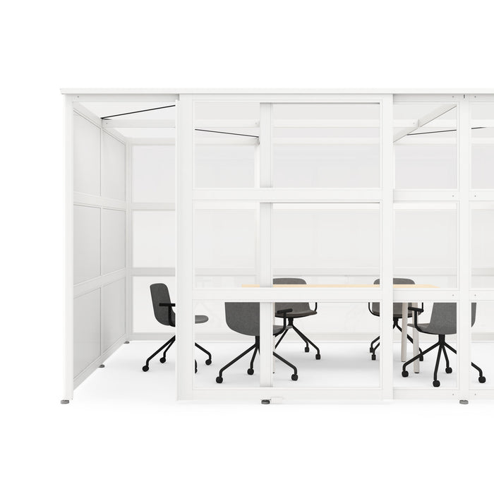 Modern office cubicles with chairs and desks on white background. (White-Open)