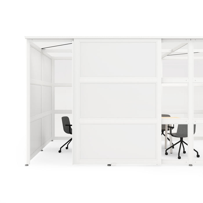 Modern office cubicles with chairs and desks in a bright workspace. (White-Private)