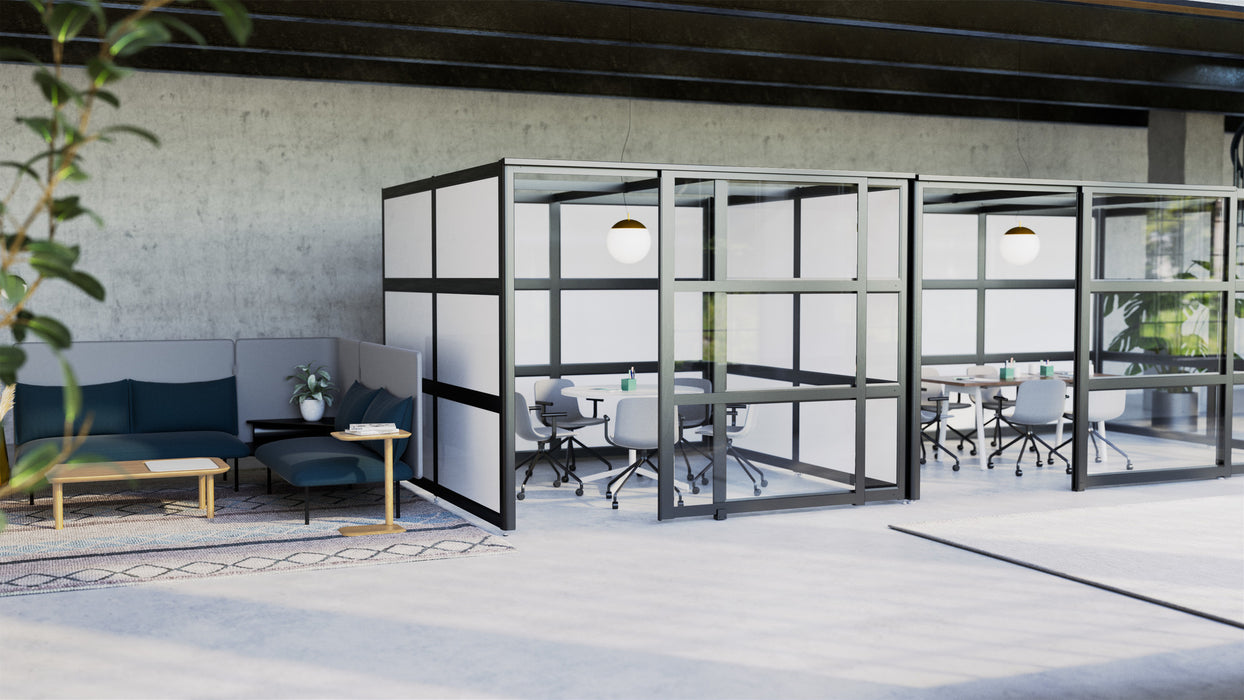 Modern office interior with glass partitions, meeting areas, and plants. (Black-Open)(Black-Private)