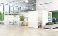 Modern office interior with glass partitions, plants, and open workspace. (White-Open)(White-Private)