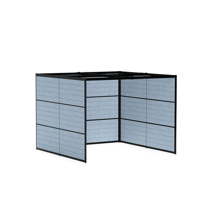 Black office cubicle partition with gray fabric panels on white background. (Black-Private-Blue Panel)