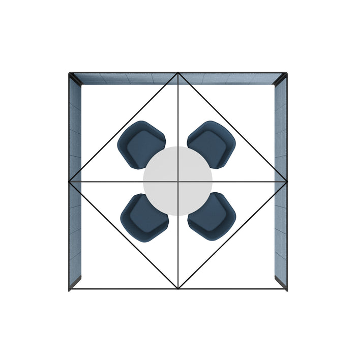 3D illustration of a cube with a spherical core and symmetrically arranged elements. (Black-Private-Blue Panel)