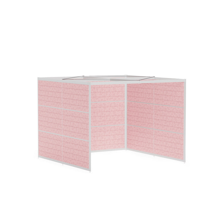 Three-panel pink folding room divider with metal frame on white background. (White-Private-Rose Panel)