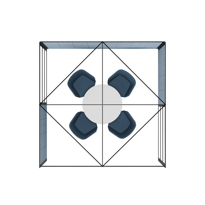 3D representation of a geometric cube with a symmetrical pattern and blue accents. (Black-Semi-Private-Blue Panel)