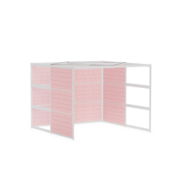 White multifunctional shelving unit with pink fabric bins on white background. (White-Semi-Private-Rose Panel)