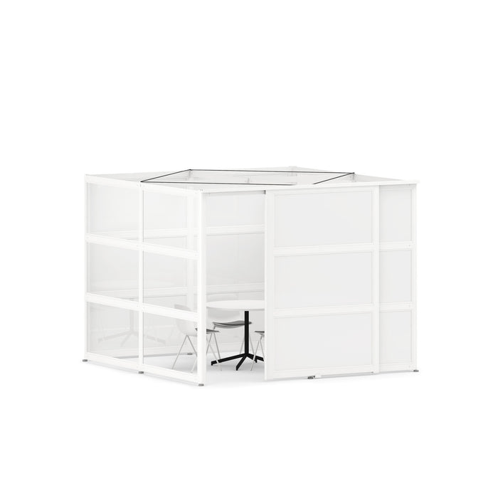 White corner desk with shelves and a black chair on a white background. (White-Private)