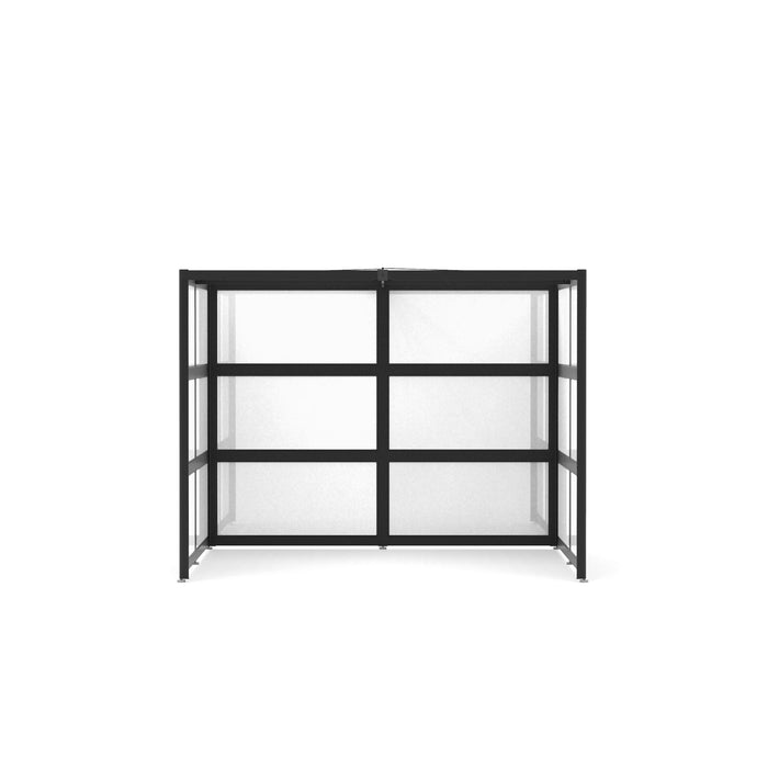 Modern black metal frame bookshelf with clear glass shelves on a white background (Black-Private-White Glass)