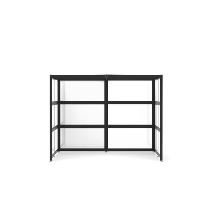 Black metal frame bookshelf with empty shelves on white background. (Black-Semi-Private-White Glass)