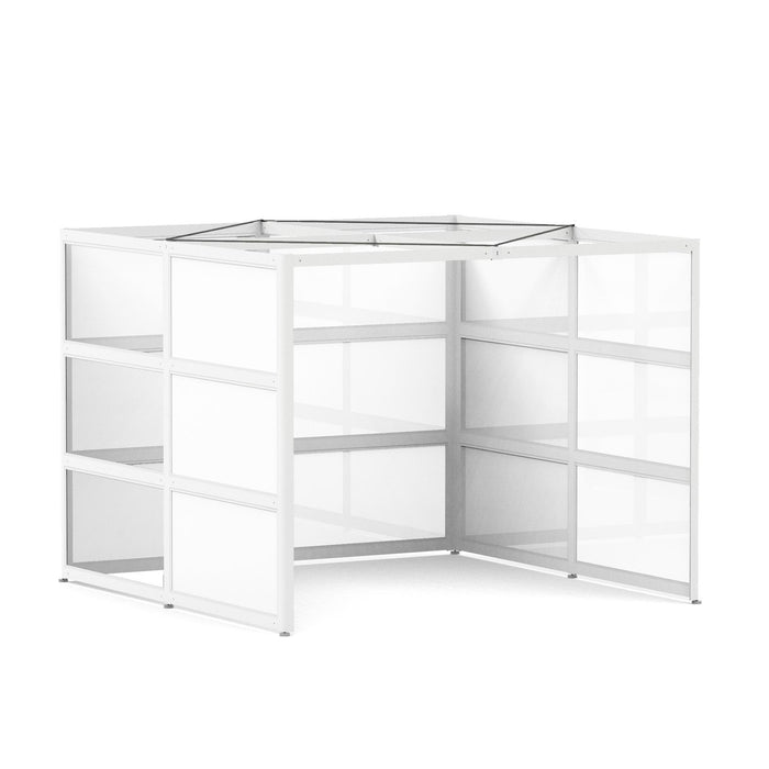 White modular corner shelf unit on a white background (White-Semi-Private-White Glass)