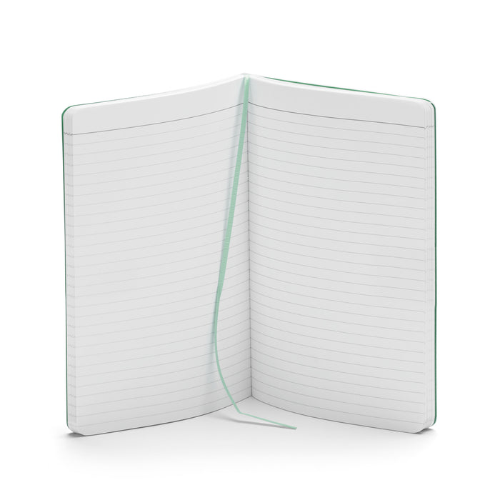 Open blank lined notebook with white cover on a white background. (Sage)
