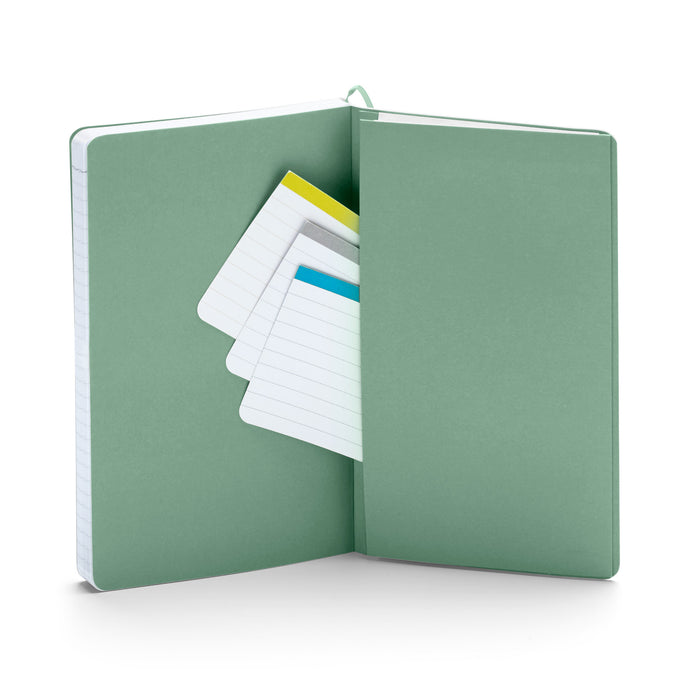 Green open notebook with sticky notes on white background. (Sage)