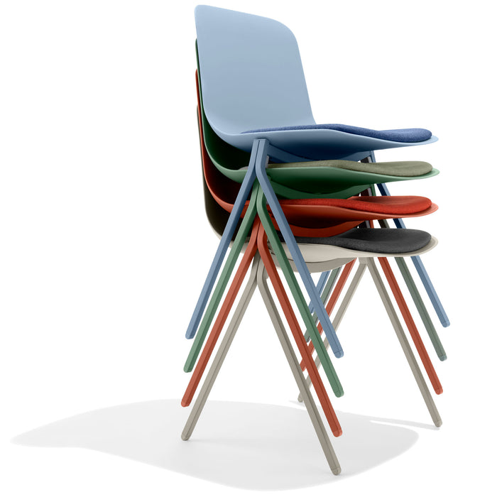 Stack of modern chairs in various colors on white background. (Brick)(Warm Gray)(Sky)(Sage)