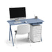 Modern blue office desk with computer and white chair on white background. (Sky)